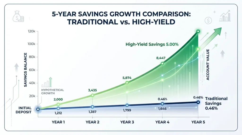 high-yield savings account interest growth vs traditional savings account over 5 years