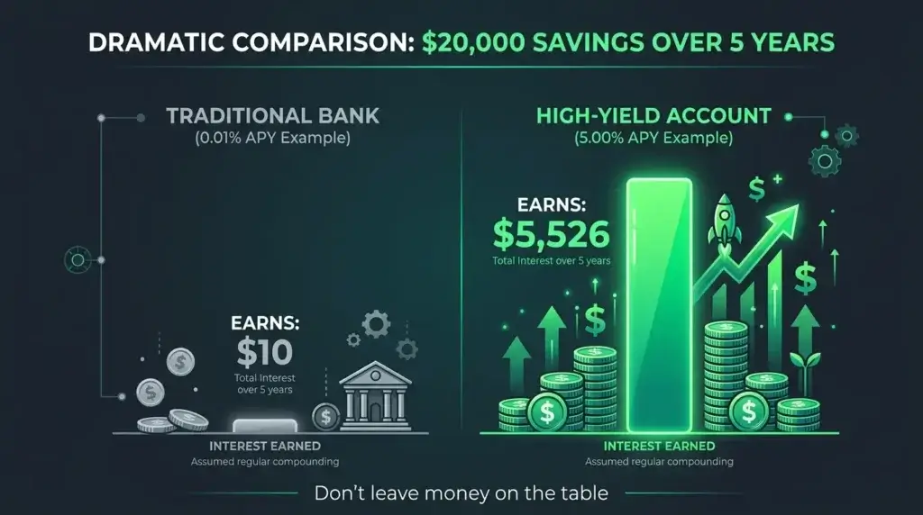high yield savings account vs traditional bank earnings comparison $20000 five years