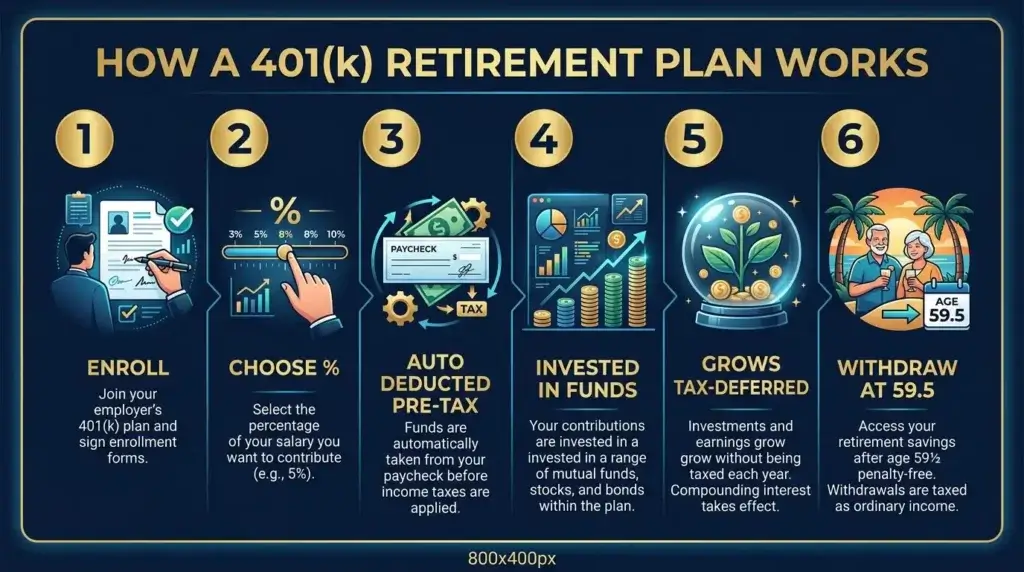 how does a 401k work step by step infographic 6 steps