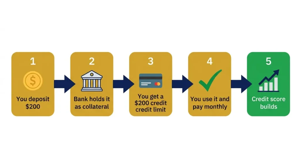 how secured credit cards work step by step deposit collateral credit limit pay monthly build credit ·
