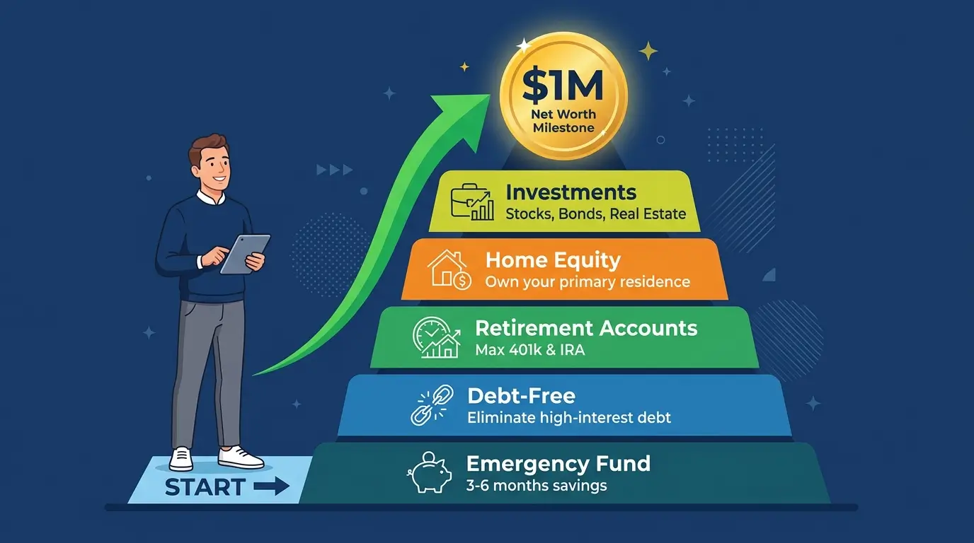 how to build wealth in your 30s wealth pyramid emergency fund debt free retirement investments illustration