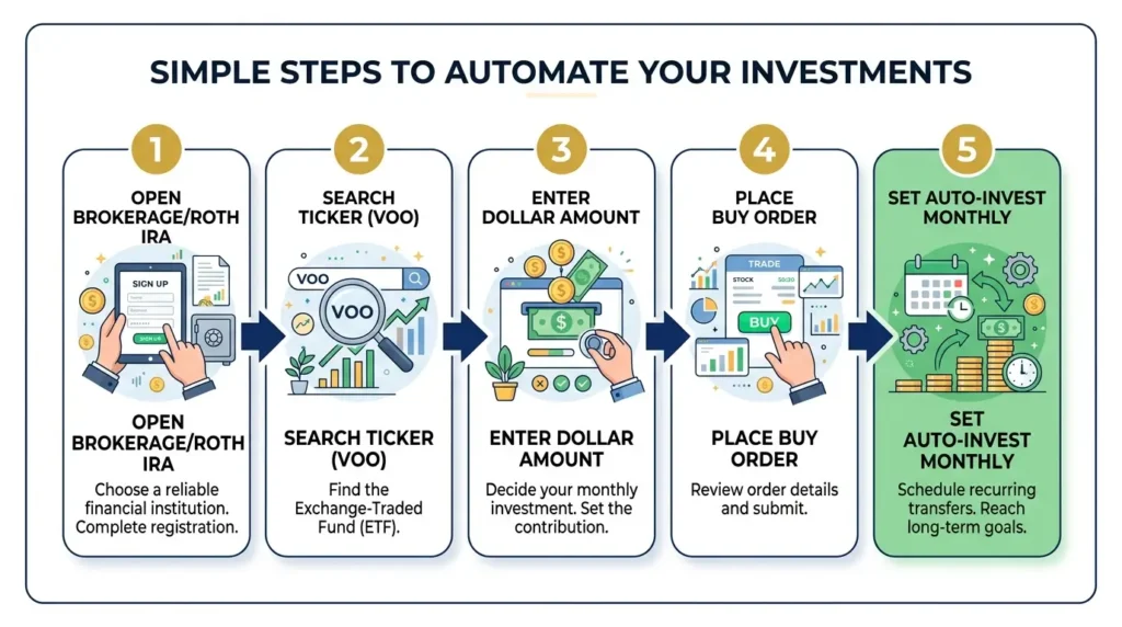 how to invest in index funds step by step open account search ticker buy order auto invest process