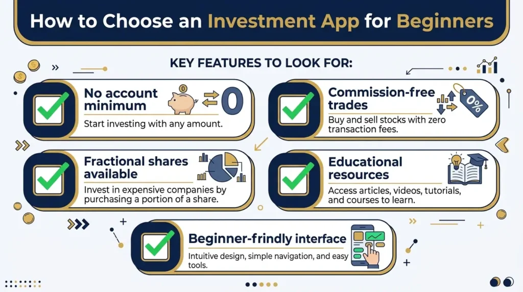 how to choose best investment app for beginners checklist no minimum commission free fractional shares