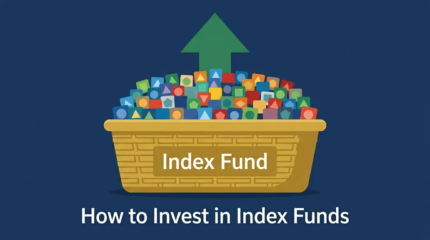 how to invest in index funds basket diversified stocks upward arrow illustration 2026 beginners