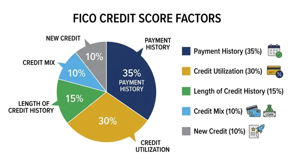 FICO credit score factors pie chart payment history utilization length mix new credit ·