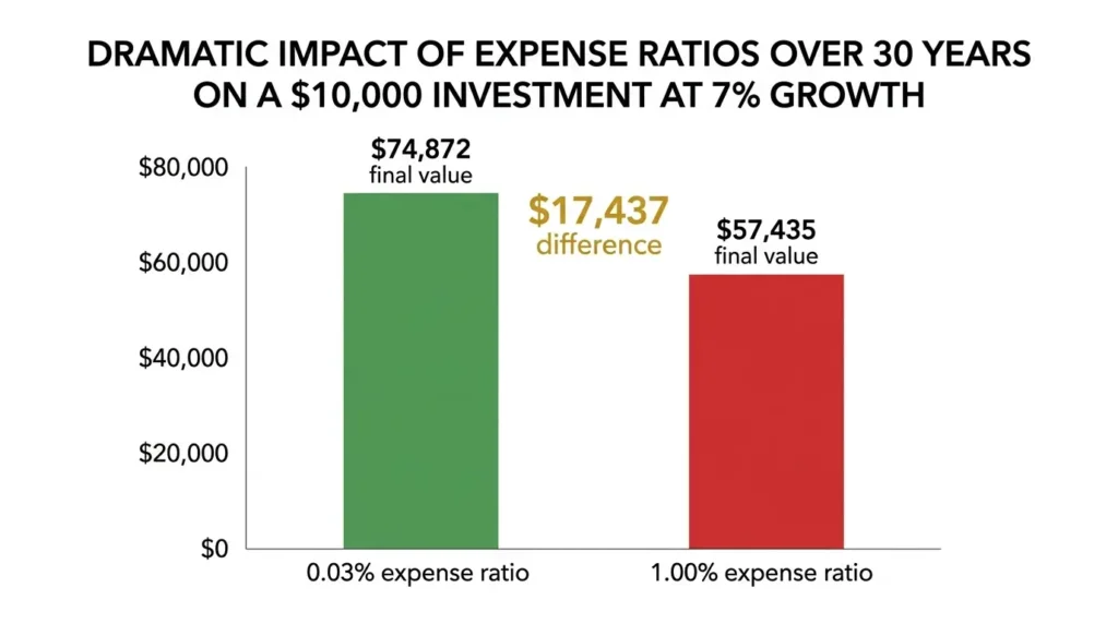 index fund expense ratio impact 0.03% vs 1% over 30 years $17000 difference cost comparison chart ·