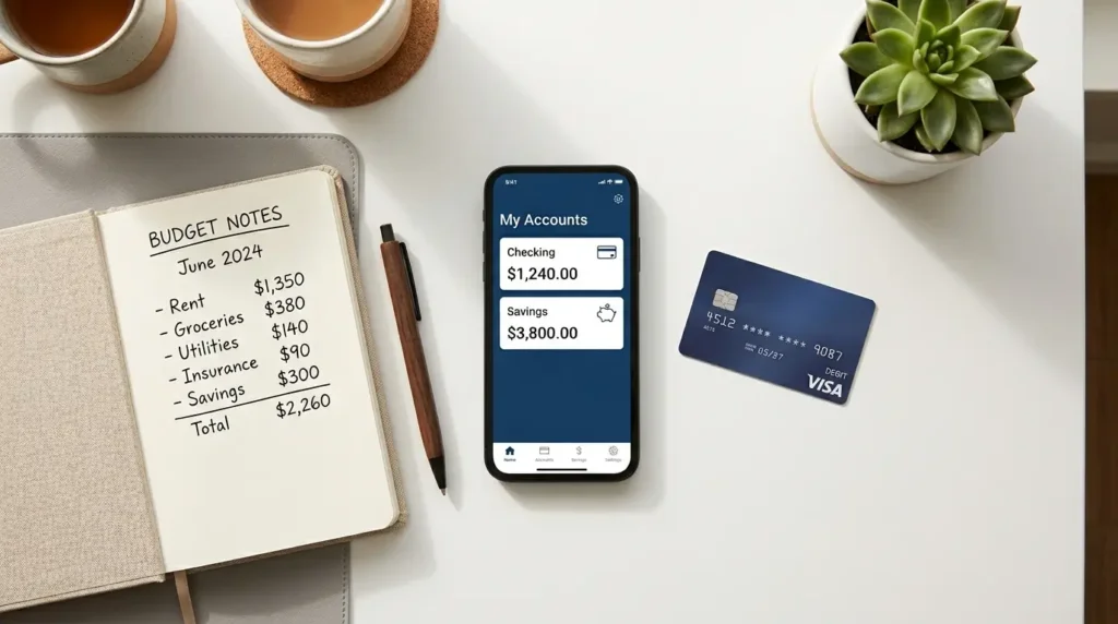 managing checking and savings account on banking app smartphone desk setup