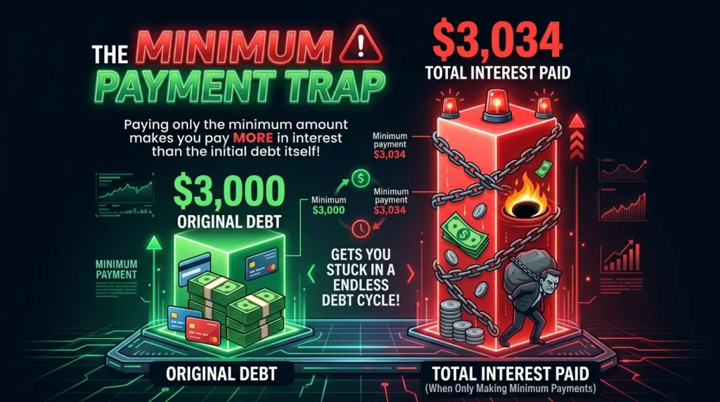 minimum payment trap credit card true cost interest $3000 balance 12 years