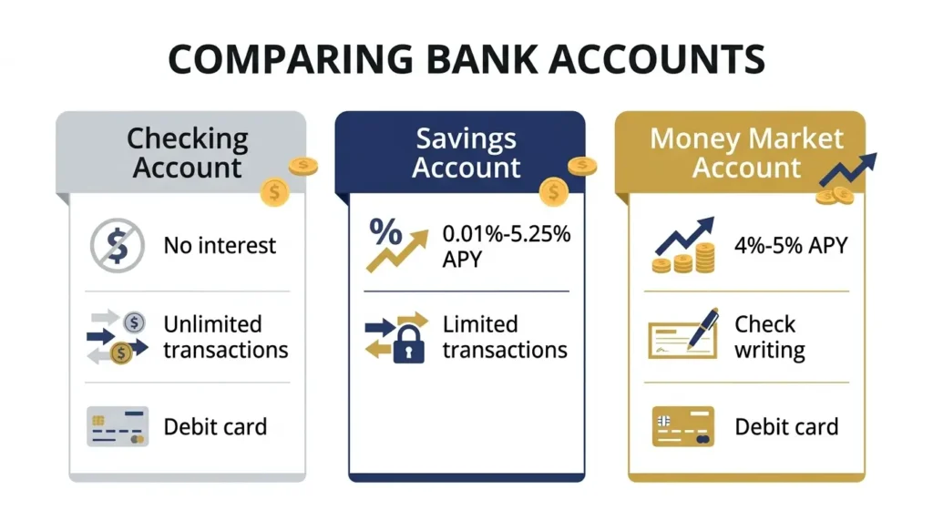 money market account vs savings account vs checking account comparison features APY debit card 2026