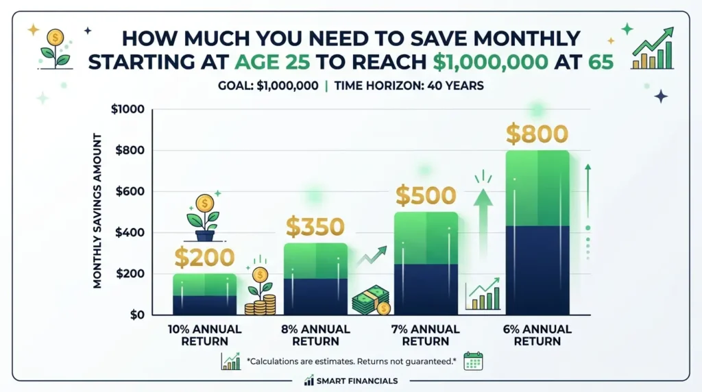 monthly savings needed to reach $1 million retirement starting at age 25 different return rates ·