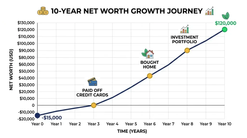 net worth growing over 10 years from negative to positive 120000 milestones paid debt bought home investments