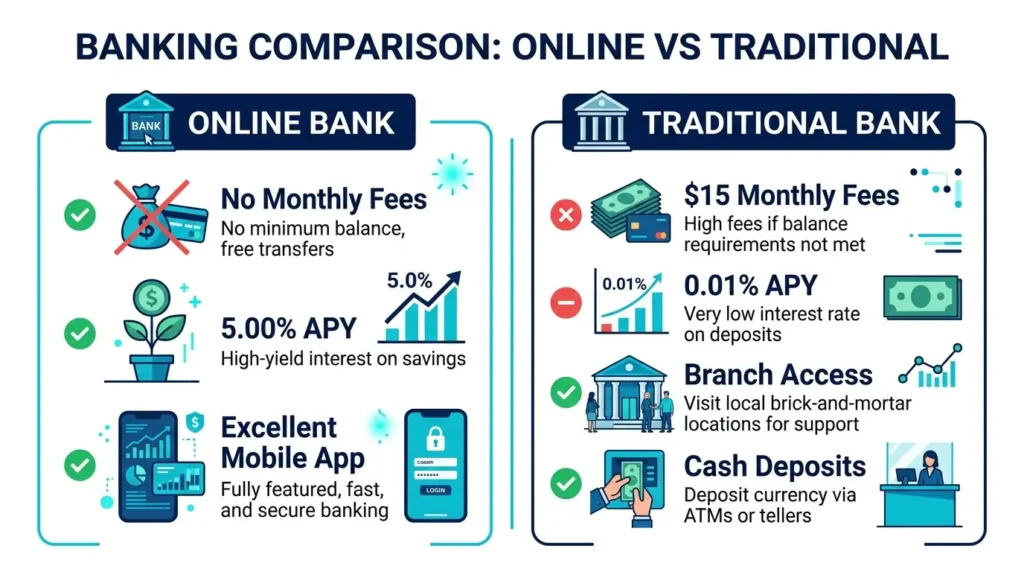 online bank vs traditional bank comparison fees APY mobile app branch access 2026