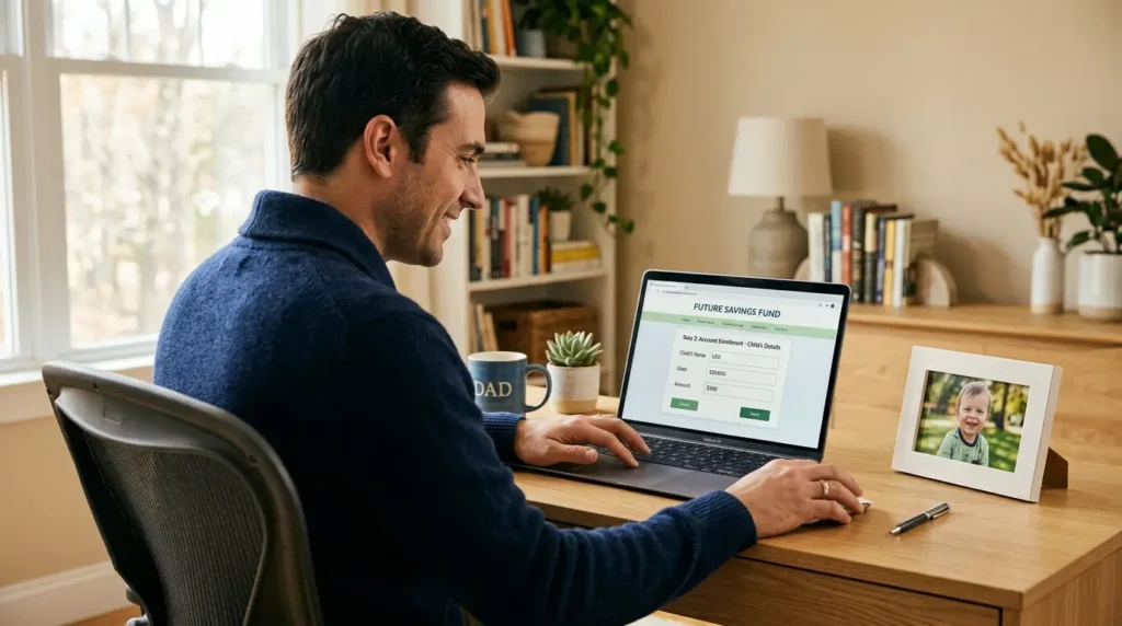 parent opening 529 college savings plan account laptop child photo home office 2026 ·