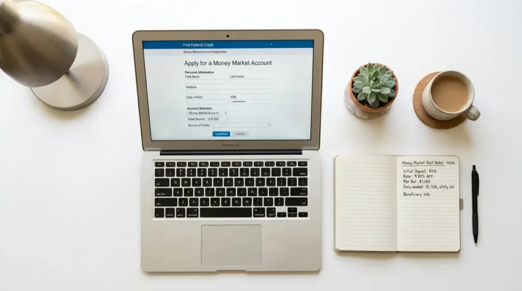 opening money market account online laptop desk pen notebook home office 2026 ยท