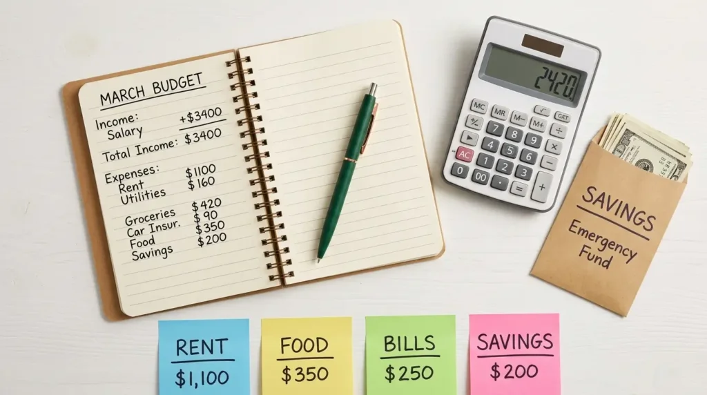 budget planner notebook with savings envelope to stop living paycheck to paycheck