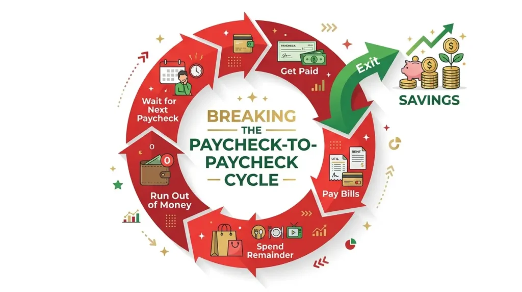 paycheck to paycheck cycle diagram showing why people run out of money before next payday