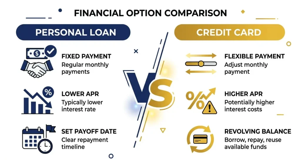 personal loan vs credit card comparison fixed payment lower APR set payoff date infographic