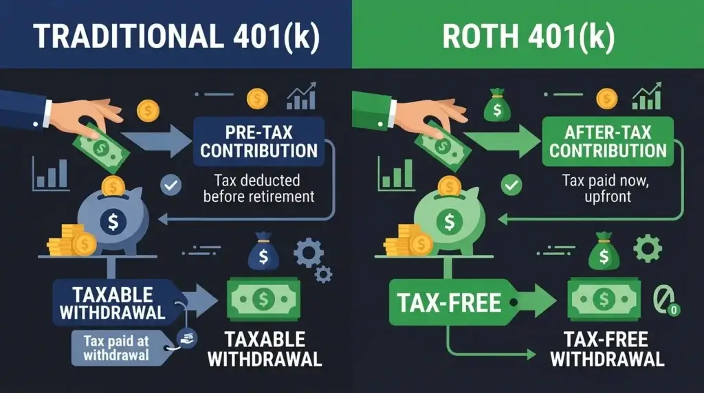 traditional 401k vs roth 401k comparison infographic tax treatment