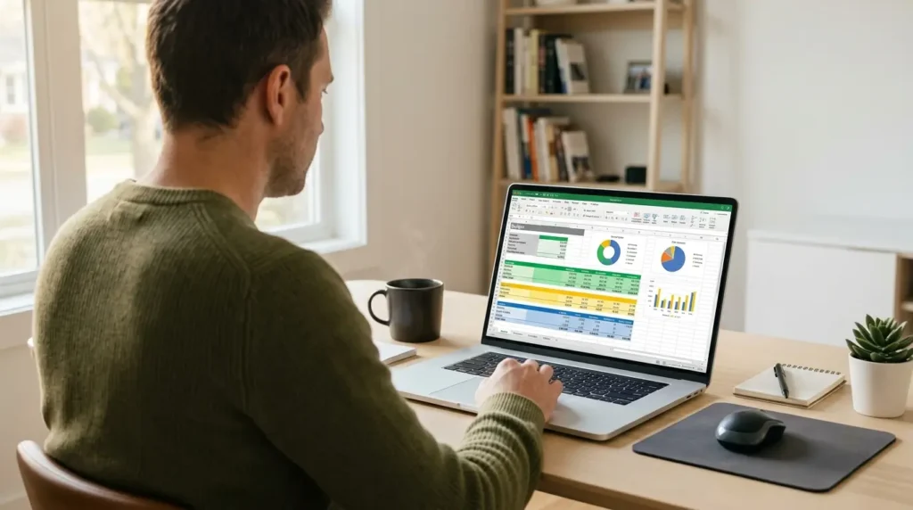 person reviewing monthly budget on laptop how to make a budget home office 2026