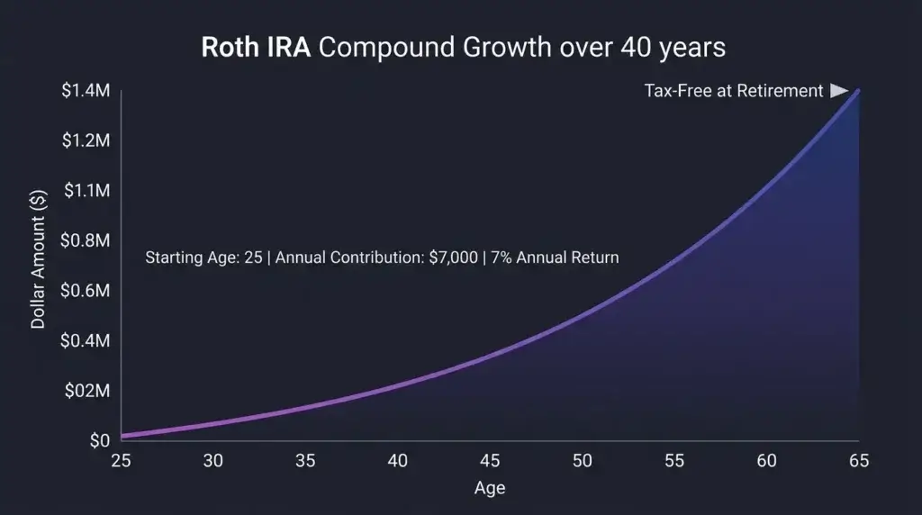 Roth IRA compound growth chart age 25 to 65 showing 1.4 million tax-free retirement
