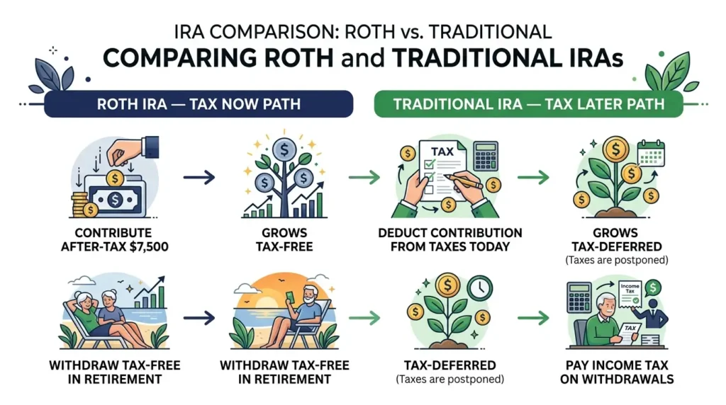 Roth IRA vs Traditional IRA tax now vs tax later path diagram contribute grow withdraw comparison