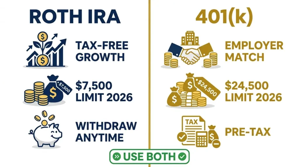 Roth IRA vs 401k comparison retirement accounts at 25 tax free employer match 2026
