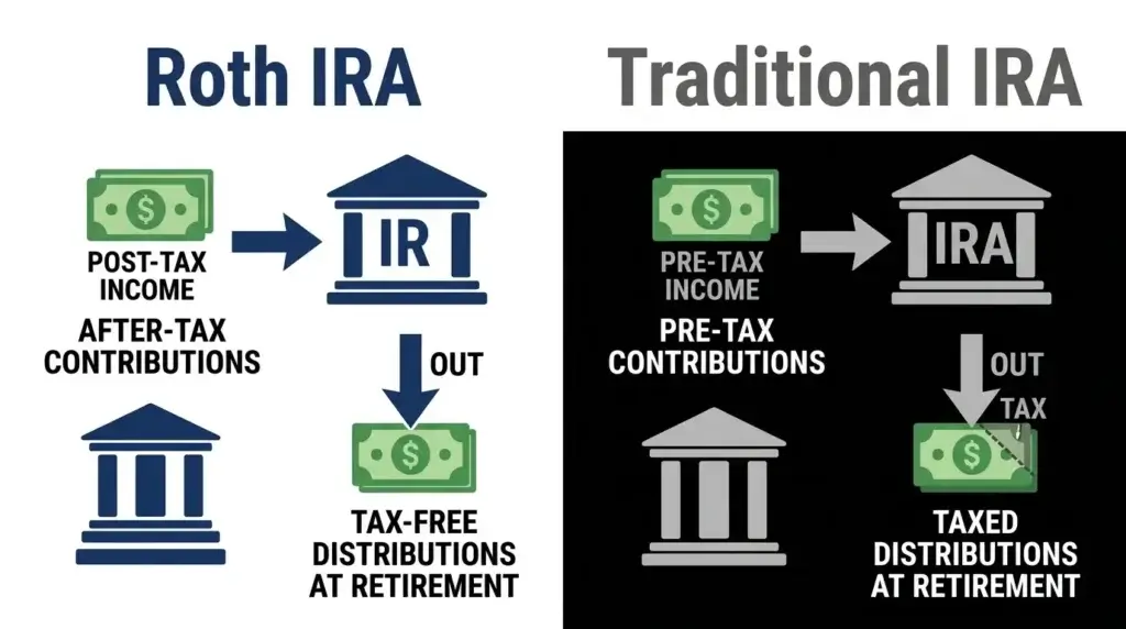 Roth IRA vs Traditional IRA comparison infographic tax treatment contributions withdrawals