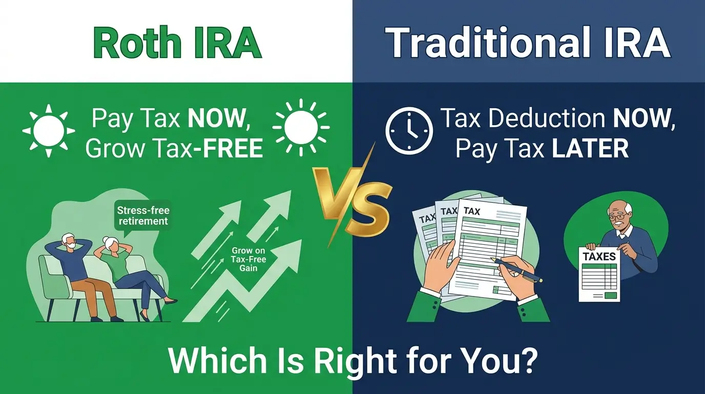 Roth IRA vs Traditional IRA split comparison pay tax now grow tax free deduction illustration 2026