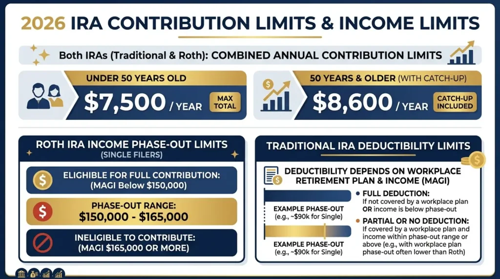 Roth IRA vs Traditional IRA 2026 contribution limits $7500 income phase-out deductibility infographic