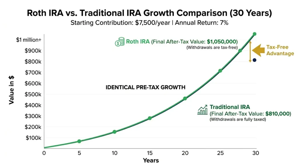 Roth IRA vs Traditional IRA growth comparison 30 years tax-free advantage retirement chart
