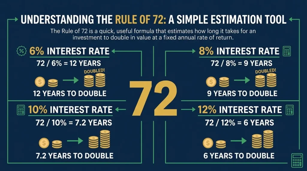 rule of 72 compound interest doubling time calculator infographic 6% 8% 10% 12% ·