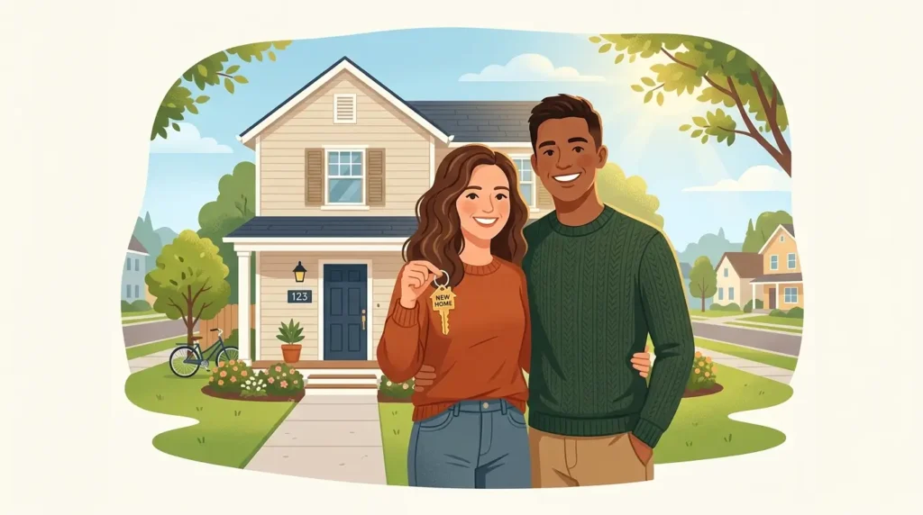 couple celebrating buying a house after saving for down payment new home key 2026