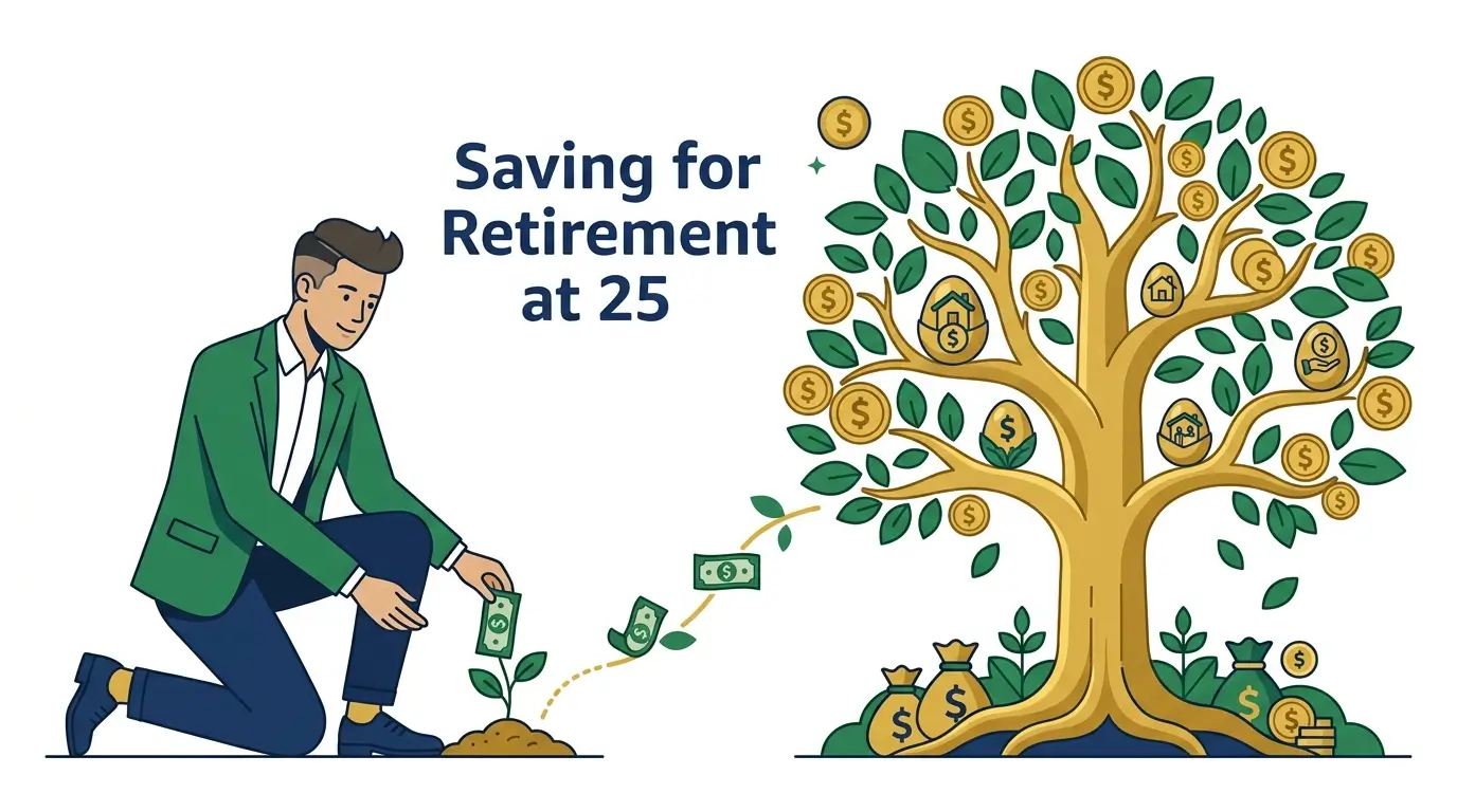 saving for retirement at 25 planting money tree growing into retirement nest egg illustration