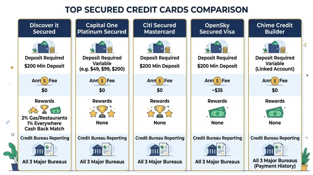 best secured credit cards for beginners comparison Discover Capital One Citi OpenSky Chime 2026