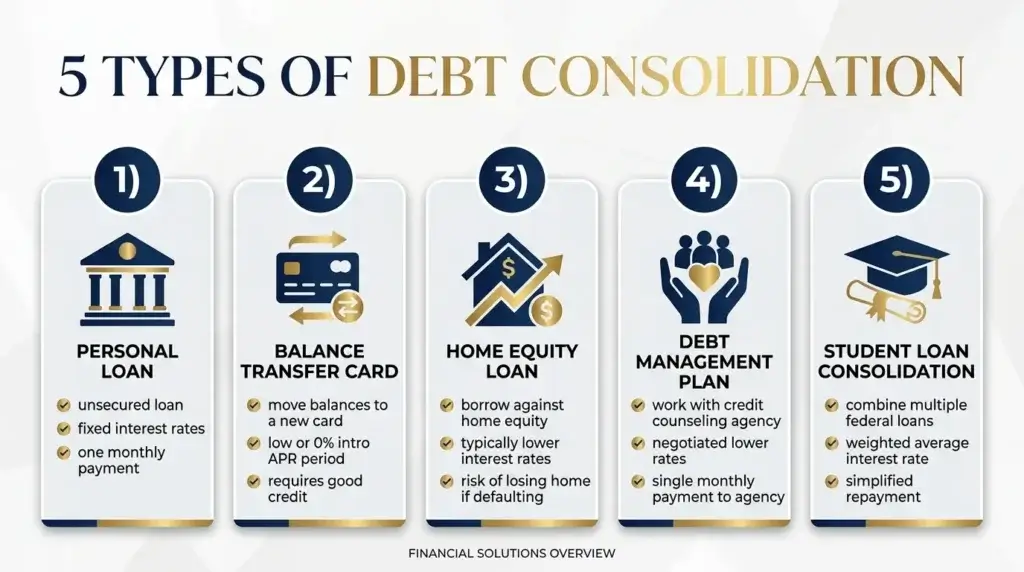 5 types of debt consolidation personal loan balance transfer home equity DMP student loan