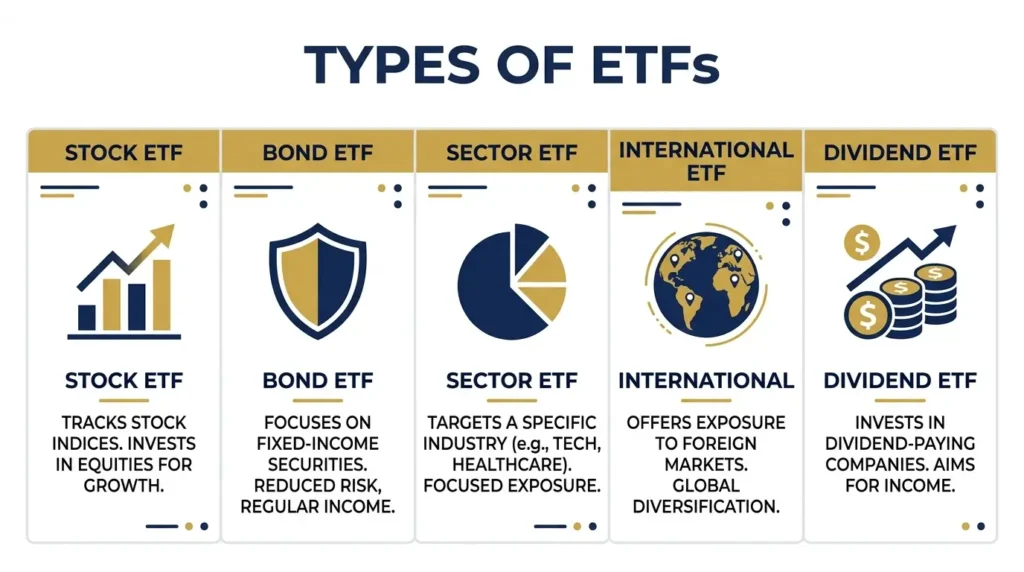 types of ETFs for beginners stock bond sector international dividend ETF infographic 2026