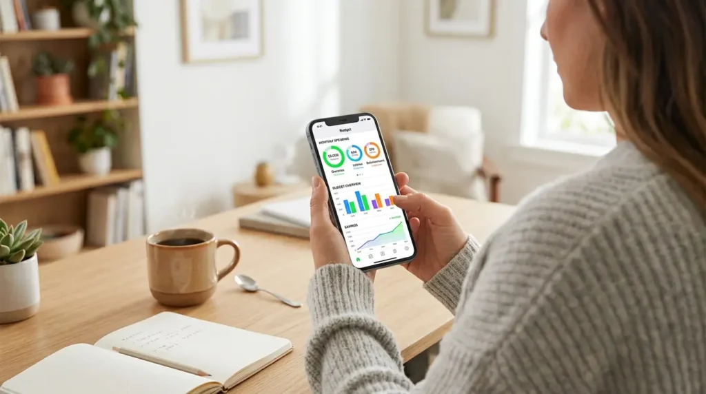 person using best budgeting app 2026 on smartphone reviewing monthly spending categories