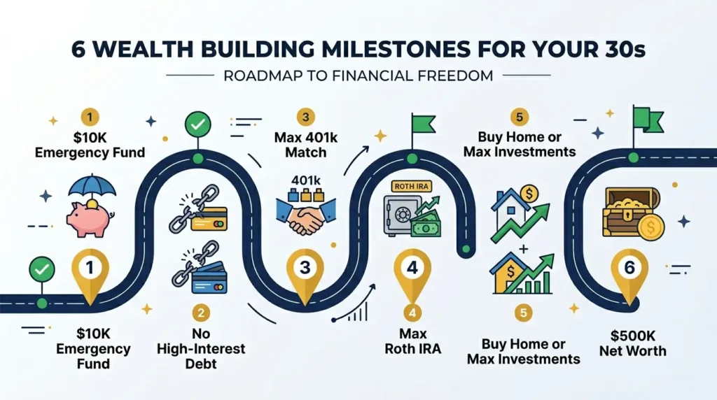 wealth building roadmap your 30s milestones emergency fund debt free 401k roth ira home investments