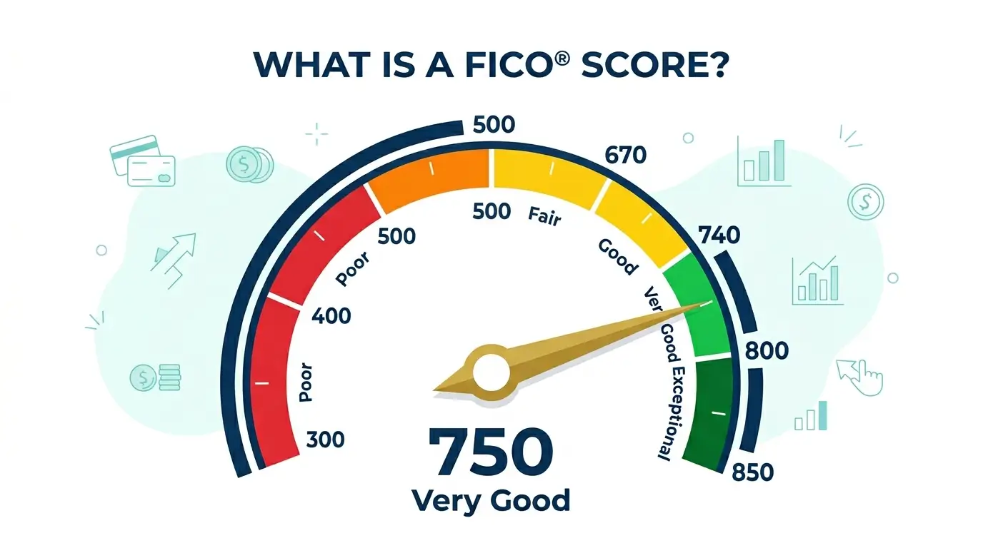 what is a FICO score gauge 300 to 850 scale needle pointing 750 very good illustration