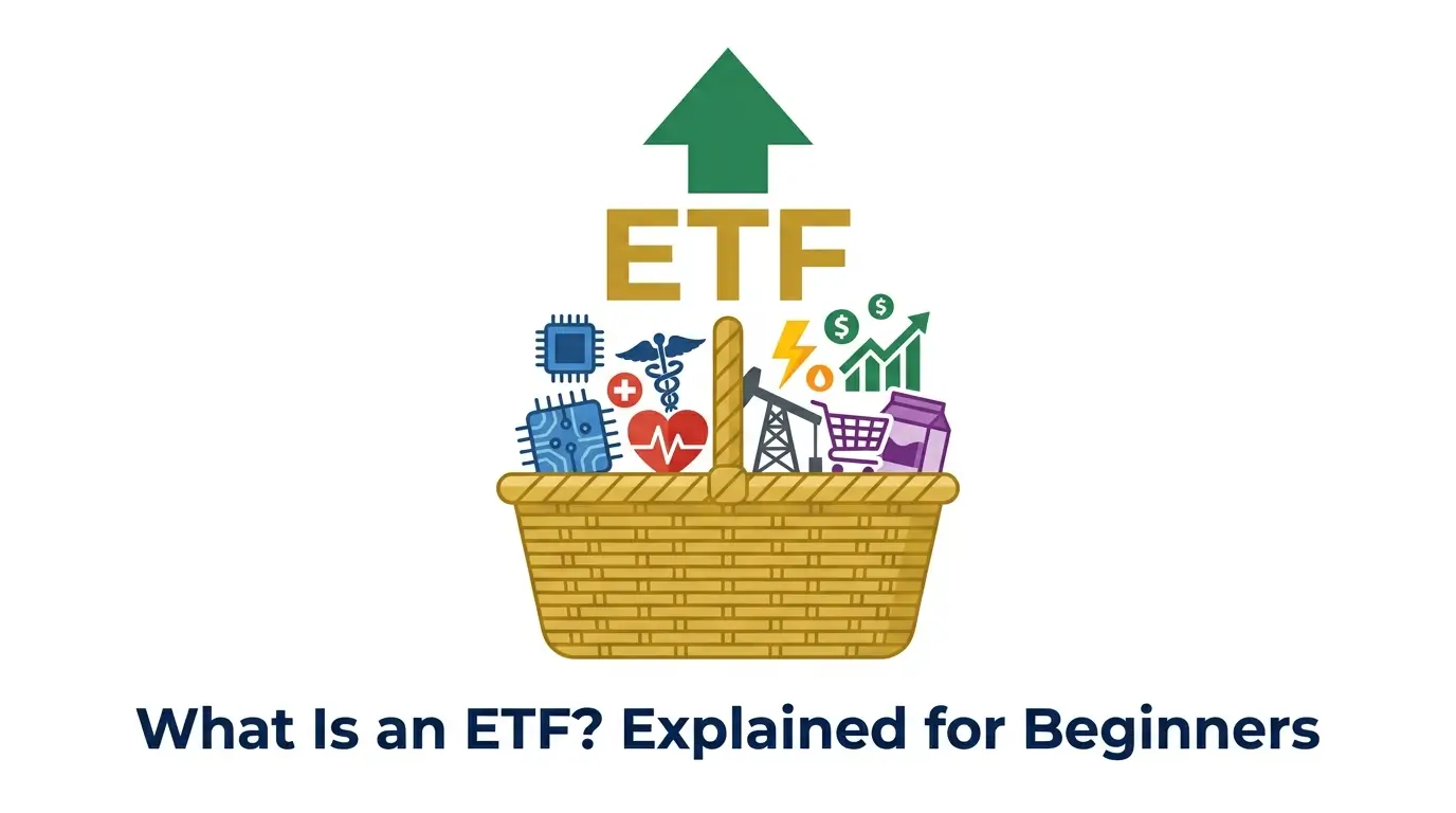 what is an ETF basket of stocks sectors upward growth arrow illustration 2026 beginners