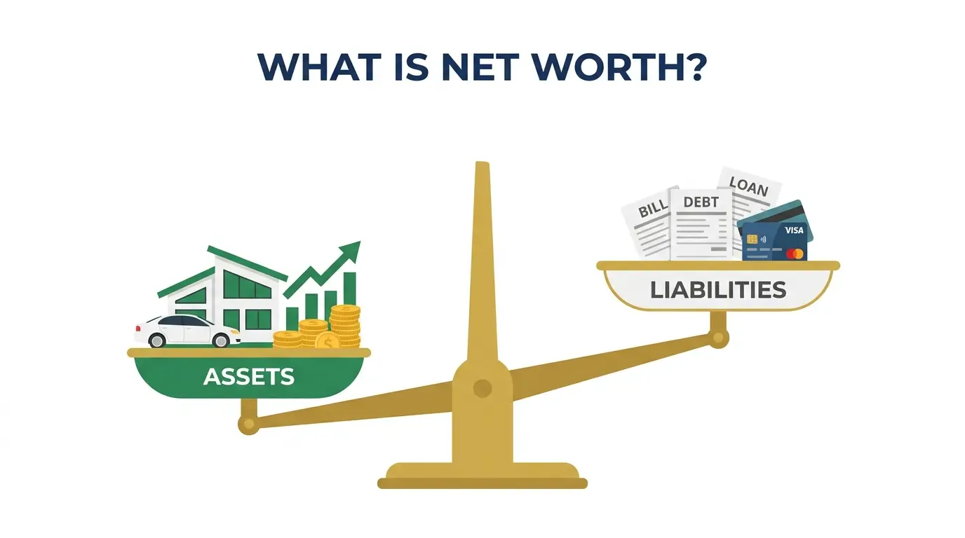 what is net worth balance scale assets vs liabilities house investments debt illustration 2026 ·