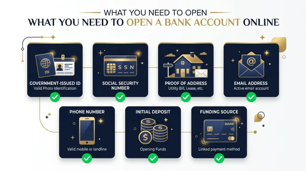 documents needed to open bank account online ID SSN address email phone checklist
