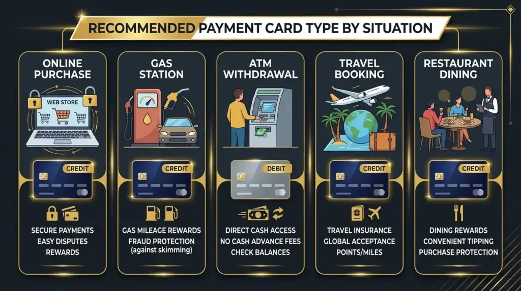 when to use credit card vs debit card scenarios guide online shopping travel gas ATM