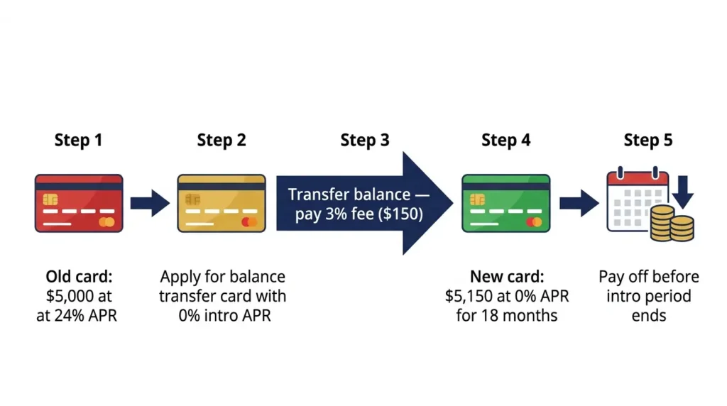 how a balance transfer works step by step old card 24% APR new card 0% APR transfer fee process diagram