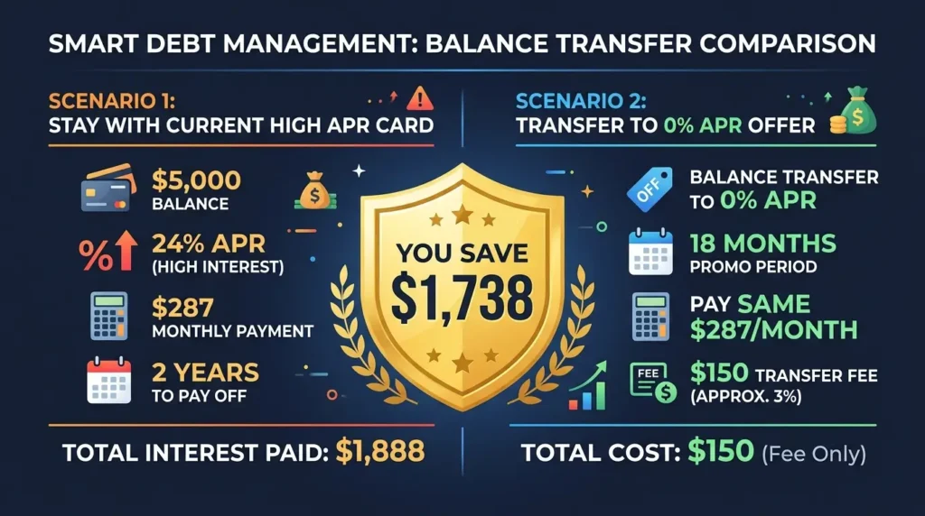 balance transfer interest savings $5000 debt 24% APR vs 0% APR save $1738 comparison infographic
