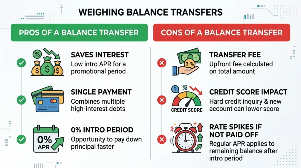 balance transfer pros and cons checklist saves interest 0% APR fee credit score impact infographic