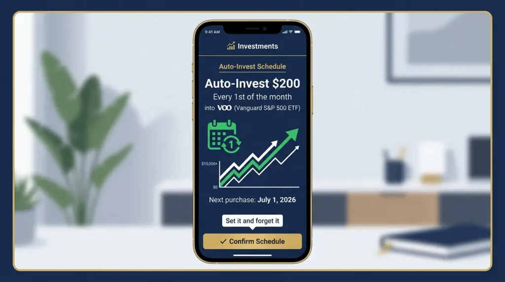 auto-invest setup phone screen $200 monthly index fund VOO automatic recurring investment set and forget