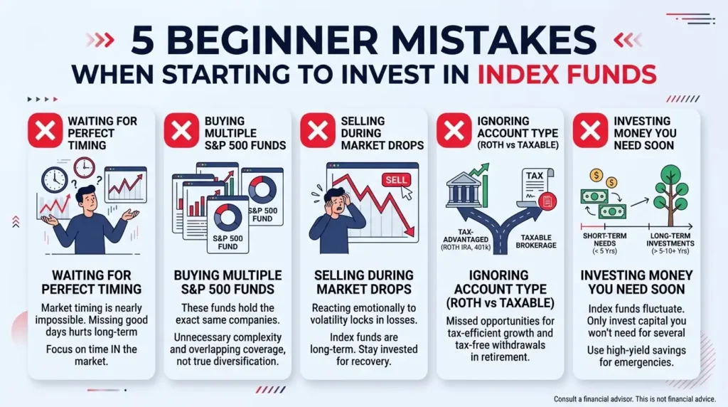 beginner mistakes begin investing index funds waiting perfect timing selling market drops account type warning