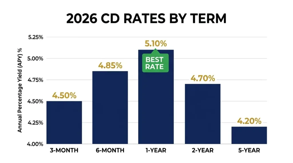 CD account rates 2026 by term 3 month 6 month 1 year 2 year 5 year best APY bar chart