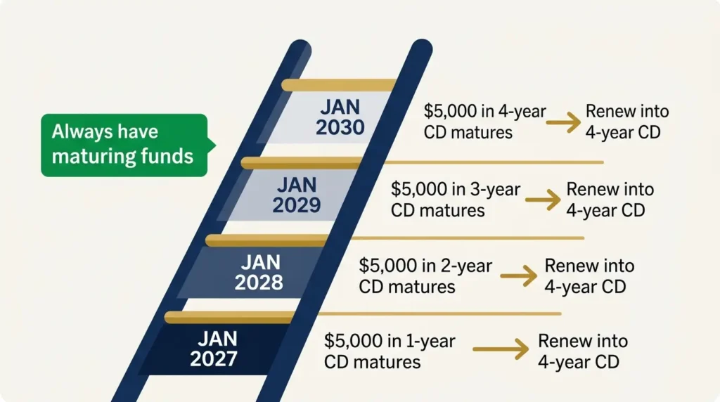 CD ladder strategy $5000 per rung 1 2 3 4 year certificates of deposit maturity dates diagram ·